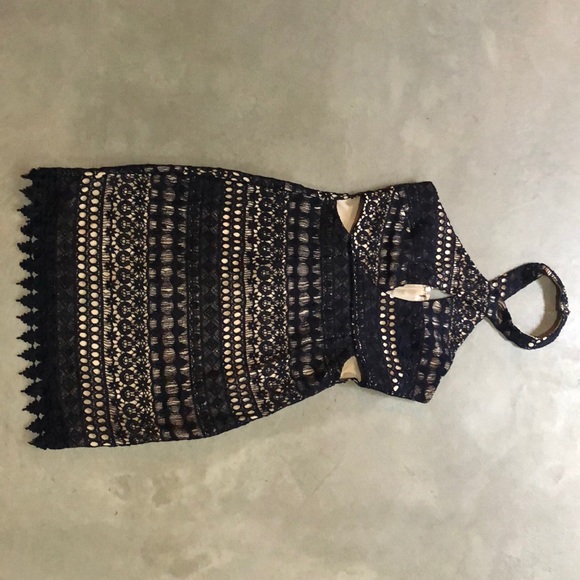Deep Navy Crochet Lace Halter Dress - Picture 1 of 10